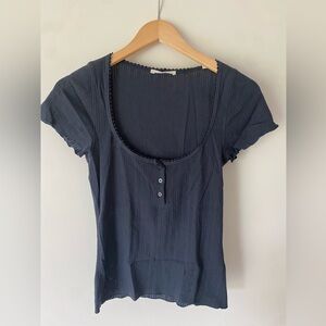 Doen Pointelle Navy Fitted Cap Sleeve Blouse